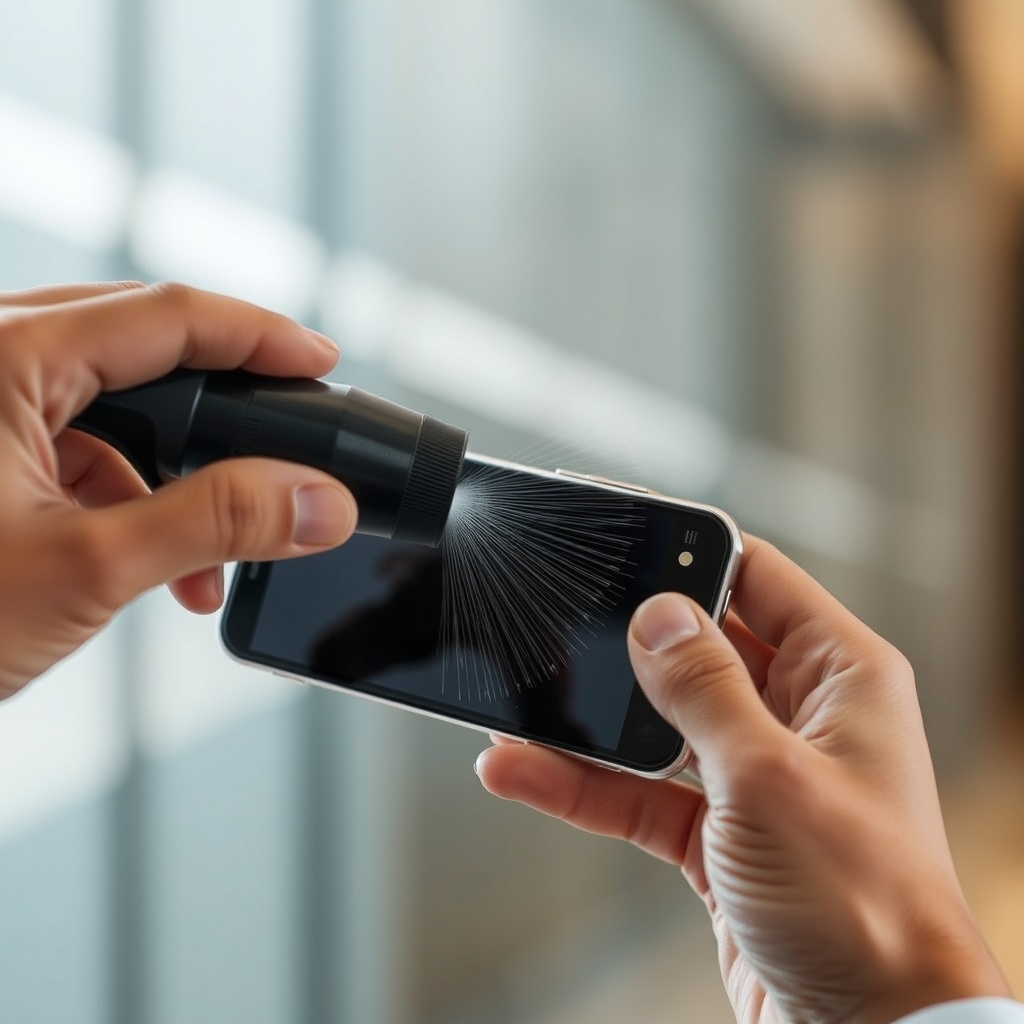 한 손으로 스마트폰을 아래로 향하게 잡고 다른 손으로 실리콘 블로어를 사용하여 렌즈의 먼지를 불어내는 모습