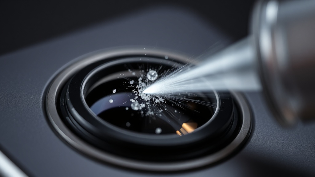 스마트폰 카메라 렌즈 표면에 내려앉은 미세한 먼지 입자와 이를 제거하려는 에어 블로어의 노즐 확대 사진