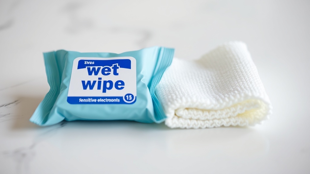 스마트폰 렌즈 위에 놓인 일회용 습식 클리너와 극세사 융 천의 비교 모습